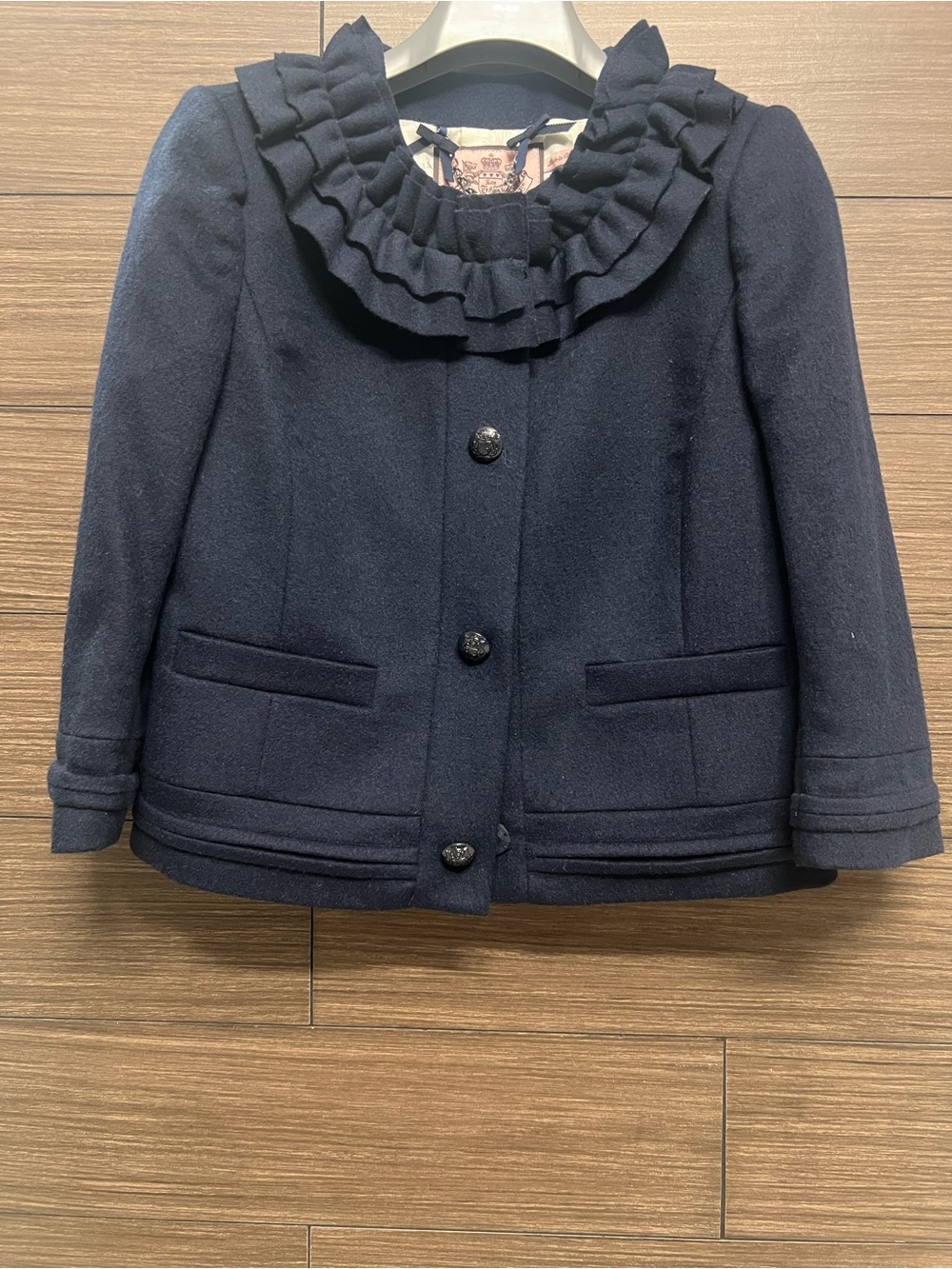 Juicy Couture Vintage "Regal Love Story" Navy Blue Ruffle Blazer Jacket Size M